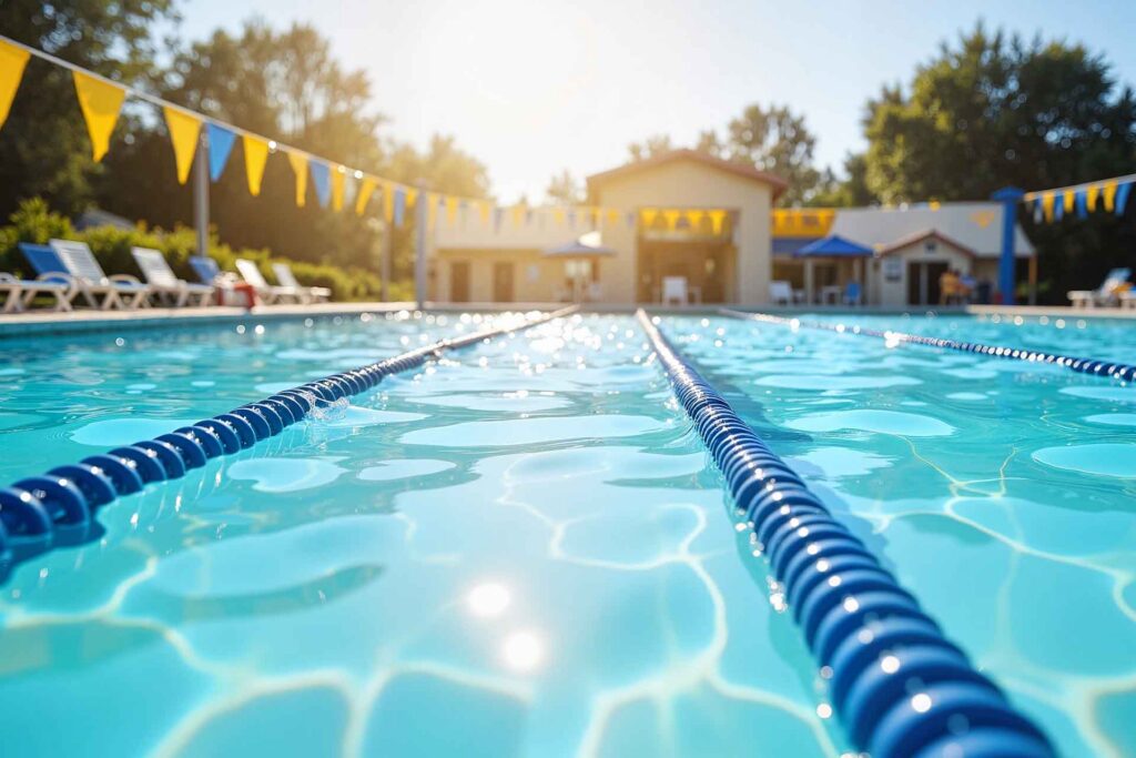 Sun shines on lap lanes in an outdoor pool