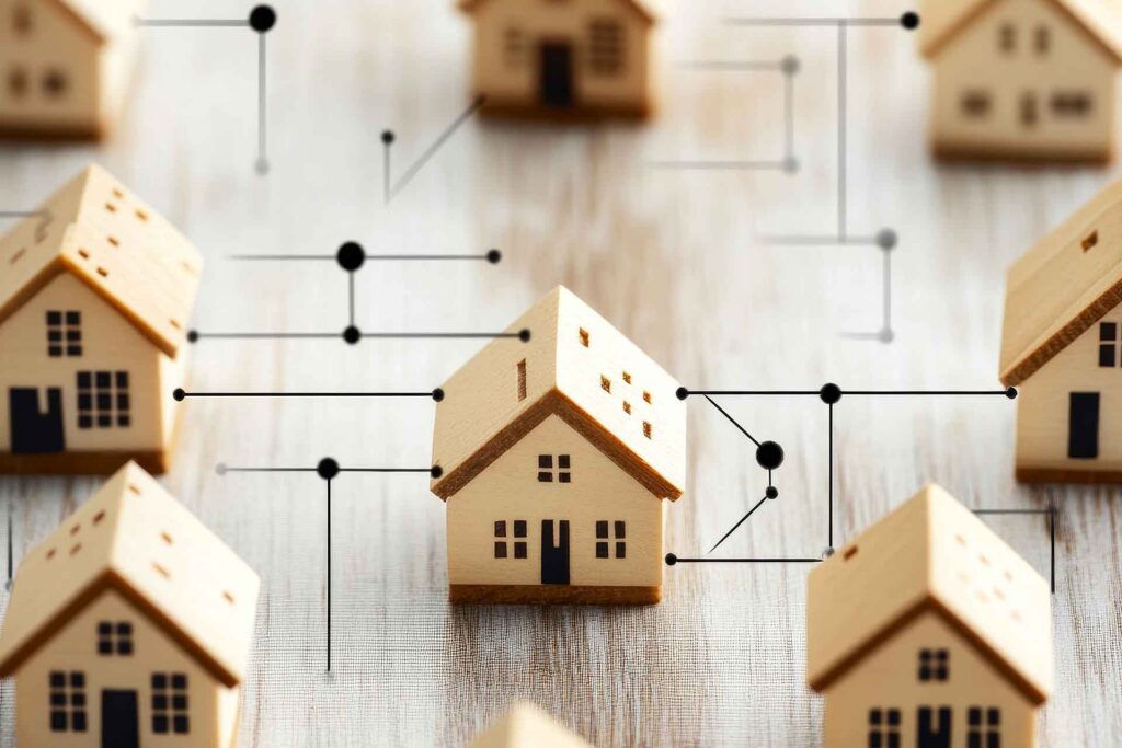 Small wooden houses interconnected by dotted lines.