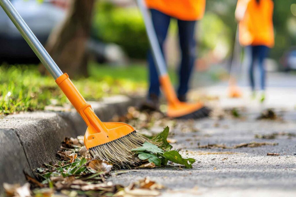 Volunteers sweep the street.