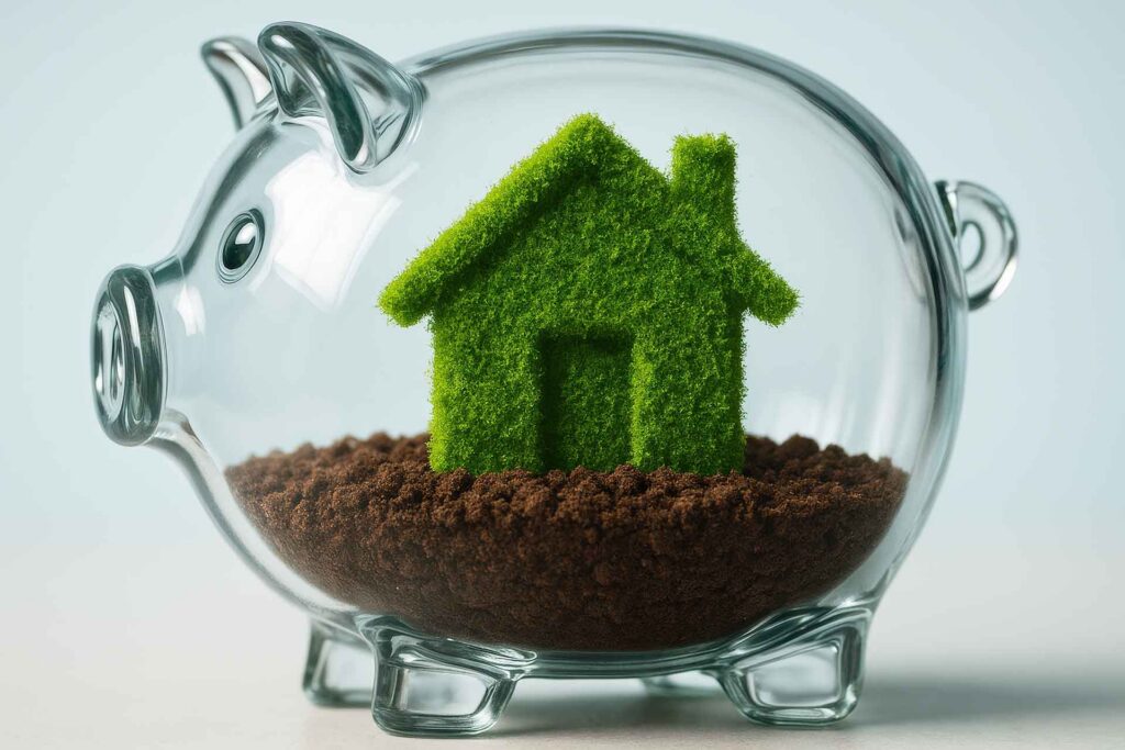 A glass piggy bank holds a house made of grass.