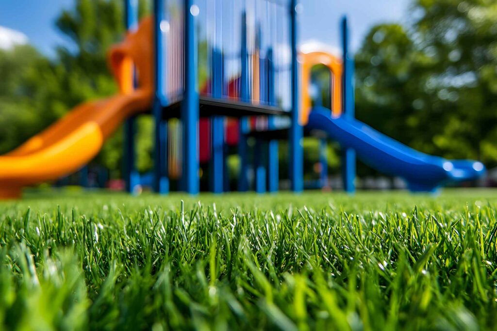 A playground structure on grass