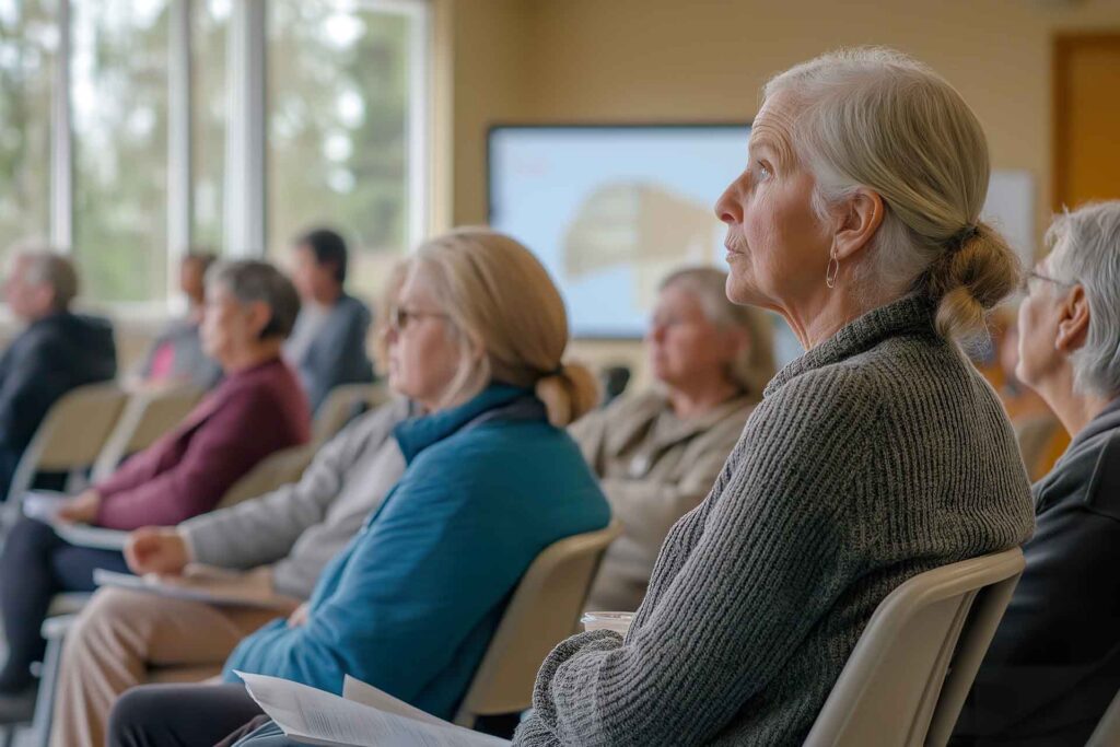 Older adults sit in HOA meeting