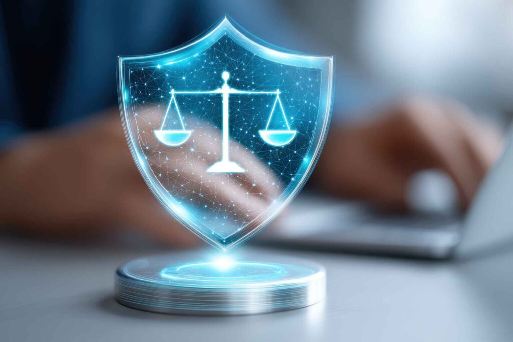 Floating hologram of the scales of justice.