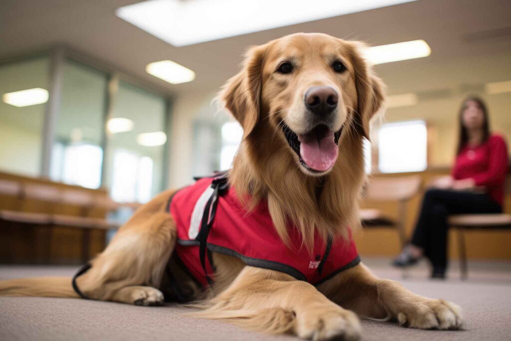 Golden retriever wearing a therapy dog vest.